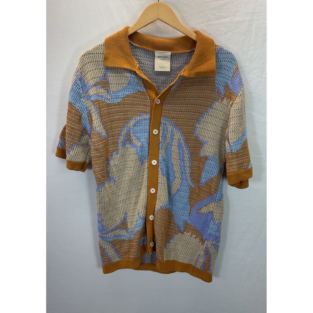 Massive Luxury Open Weave Knit Polo Button Up Men's Size L Blue Brown Resort - Picture 1 of 8